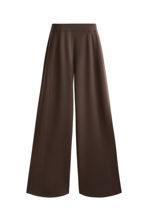 Volné kalhoty v jednobarevné tmavě hnědé barvě, s hladkým povrchem, vysokým pasem a předními sklady pro zvýraznění designu.