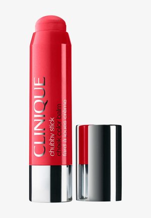 Baume couleur joue rouge vif Clinique en stick avec base et bouchon argentés, bouchon retiré et placé à côté du stick.