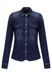 Mörkblå denimskjorta med långa ärmar, knäppning framtill, två bröstfickor med klaff och krage.