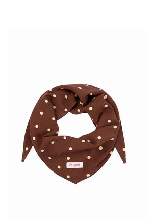 Brunt trekantet tørklæde med hvide polkaprikker og en lille "Oh April"-etiket nederst i midten.