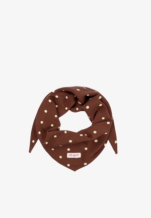 Ruskea kolmionmuotoinen huivi valkoisilla pilkuilla ja pieni "Oh April" -merkki alareunan keskellä.