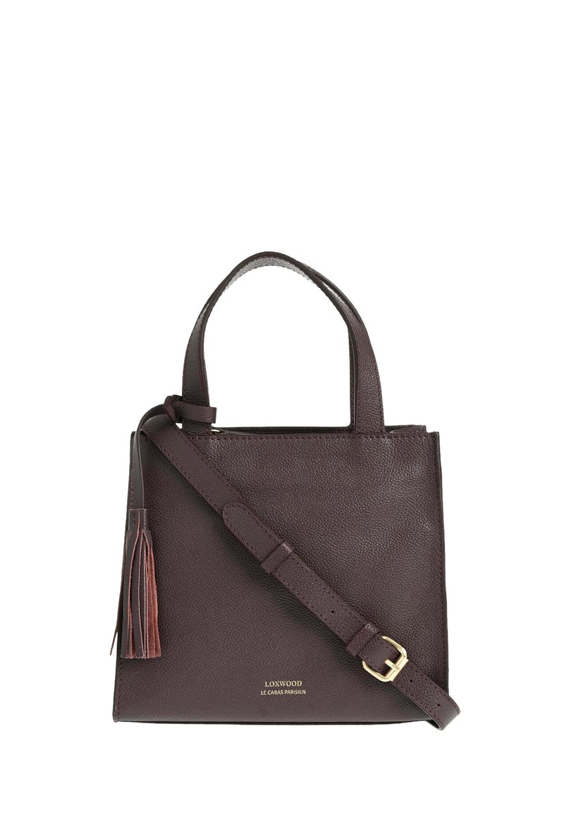 Sac à main en cuir marron foncé avec poignées supérieures, bandoulière réglable, détail de pompon et logo "Loxwood Le Cabas Parisien" en lettres dorées.