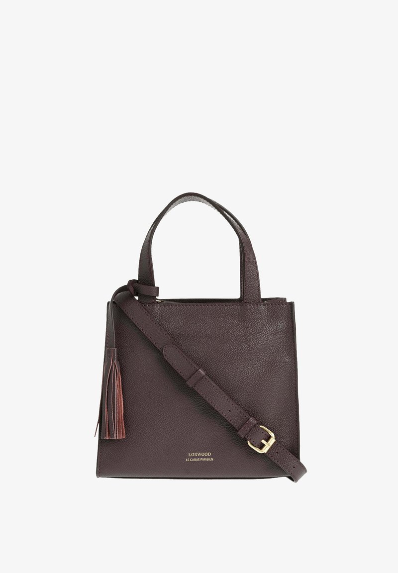 Sac à main en cuir marron foncé avec poignées supérieures, bandoulière réglable, détail de pompon et logo "Loxwood Le Cabas Parisien" en lettres dorées.