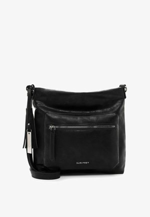 Borsa a mano in pelle nera con finitura testurizzata, dotata di una tasca frontale con zip e di una tracolla staccabile con dettaglio a nappina. Design semplice.