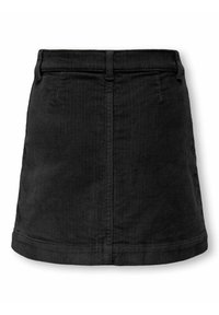 Gonna mini in velluto nero con cucitura frontale, passanti per la cintura e leggera forma a A su uno sfondo bianco.