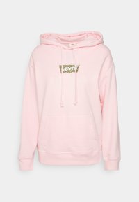 Felpa rosa realizzata in morbido tessuto, dotata di tasca a marsupio, cordini e un logo con stampa leopardata sul davanti.