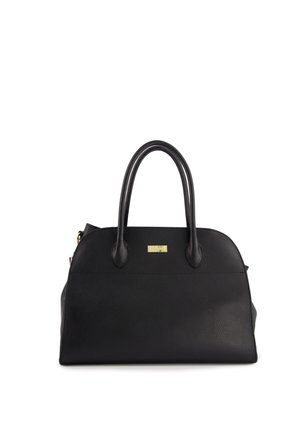 Black leather handbag with a structured shape, smooth texture, and two handles. Features a gold-tone plaque on the front.