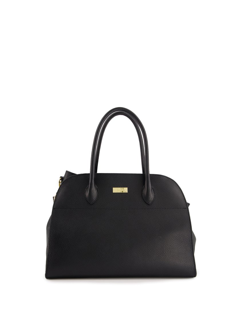Czarna skórzana torebka o wyraźnej strukturze, gładkiej fakturze i dwóch uchwytach. Posiada złotą tabliczkę z przodu.
