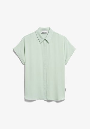 Kurzärmeliges, knopfbesetztes Blusenshirt in hellem Mintgrün. Gefertigt aus glattem Stoff mit durchgehender Knopfleiste vorne. Dezenter Glanz, minimalistisches Design.