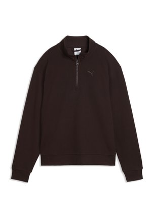 Mørkebrun langærmet pullover med kvart lynlås krave og lille Puma-logo på venstre bryst.
