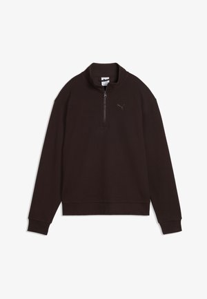 Ciemnobrązowy sweter z długim rękawem, kołnierzem z suwakiem do ćwiartki i małym logo Puma na lewej piersi.