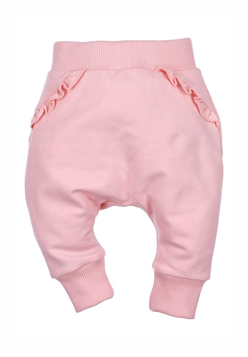 Różowe bawełniane spodenki dla niemowląt z prążkowanym paskiem w talii i mankietami, ozdobione falbankami po bokach dla dodatkowej tekstury.