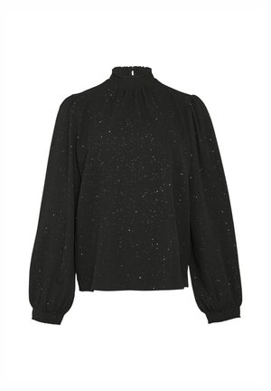Blouse noire avec un col haut, des manches longues bouffantes et de subtils éclats métalliques répartis. Tissu texturé avec une coupe décontractée.
