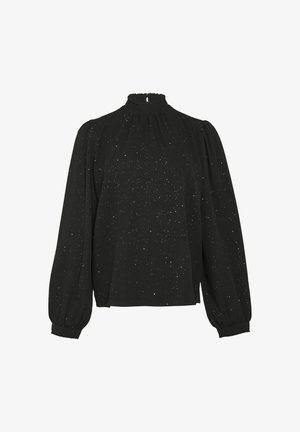 Zwarte blouse met een hoge halslijn, opbollende lange mouwen en subtiele metalen spikkels verspreid over de stof. Geweven stof met een losse pasvorm.