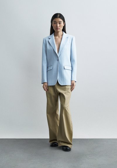 Γυναίκα που φοράει ανοιχτό μπλε σακάκι με λεπτές ρίγες, μπεζ παντελόνι φαρδύ με πουά μοτίβο και μαύρα παπούτσια, στέκεται μπροστά σε μια απλή τοίχο.