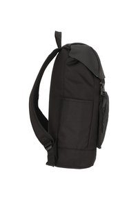 Black backpack featuring a textured fabric exterior, a smooth top flap, adjustable straps, and a front zipper pocket.