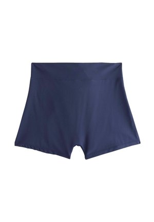 Navy blue swim shorts with a high waistband and a fitted, slightly flared leg design on a white background.