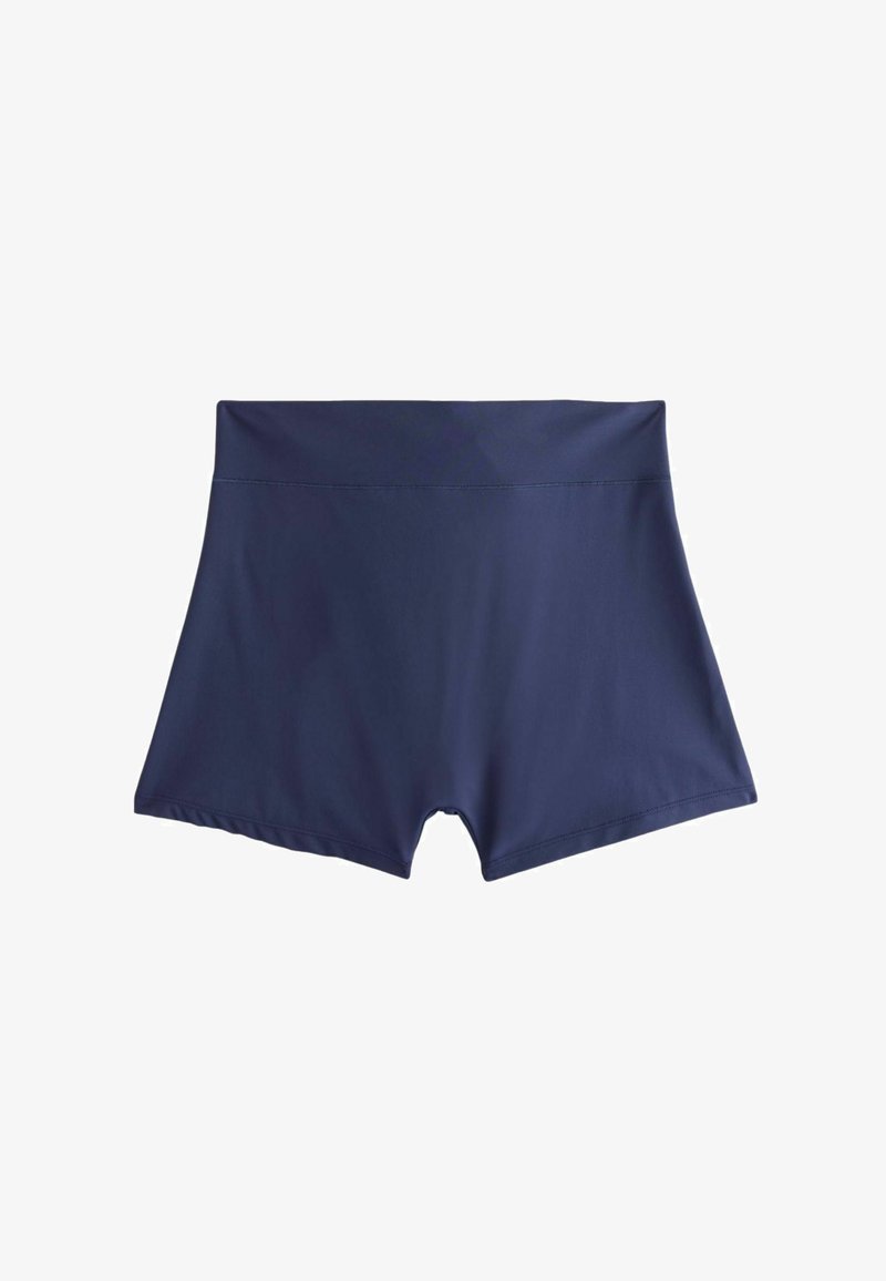 Shorts de bain bleu marine avec une taille haute et une coupe ajustée légèrement évasée sur un fond blanc.