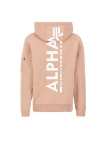 Felpa con cappuccio in beige chiaro con un logo verticale bianco "ALPHA INDUSTRIES" sul retro. Presenta una tasca a marsupio e polsini a costine.