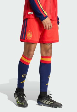 Punainen jalkapallopaita, jossa on sinisiä ja keltaisia yksityiskohtia ja shortsit, joissa on vaakuna. Asuun kuuluu tummansiniset sukat ja mustat nappikengät, joissa on vihreitä yksityiskohtia.