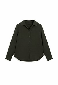 Chemise boutonnée à manches longues, de couleur vert foncé, avec un col, fabriquée en tissu léger. Elle présente un ourlet arrondi et une patte de boutonnage standard.