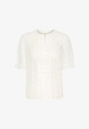 Blouse en dentelle blanche avec un col rond, des manches bouffantes courtes et un devant à boutons. Détails avec des motifs floraux et une texture subtile.
