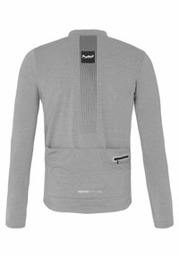 Grå langærmet cykeltrøje i struktureret stof, med en rygklap, en lynlåslomme og et logo nederst til venstre.