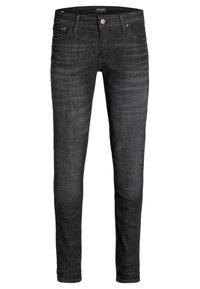 Jeans de corte ajustado en denim gris oscuro, con un diseño de cinco bolsillos, cremallera y un leve desvanecimiento para dar textura. Acento de botón de latón en la cintura.