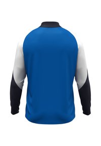 Maglietta sportiva a maniche lunghe con torso blu, maniche nere e accenti bianchi. Tessuto morbido con colletto classico e vestibilità comoda.