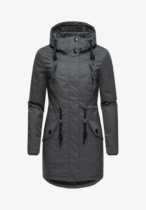Grey parka jacket with a hood, textured fabric, drawstring ties, two chest and two side pockets, snap and zipper closures.