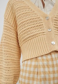 Beige gehäkelte Strickjacke mit langen Ärmeln und großen Knöpfen, getragen über einem beige-weißen karierten Rock.