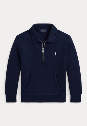 Marineblå kvart-zip pullover med krave, kængurulomme og hvid Polo Ralph Lauren-logo på venstre bryst.