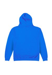 Felpa con cappuccio blu vista da dietro, con maniche lunghe, polsini a coste e vita a coste su uno sfondo bianco.