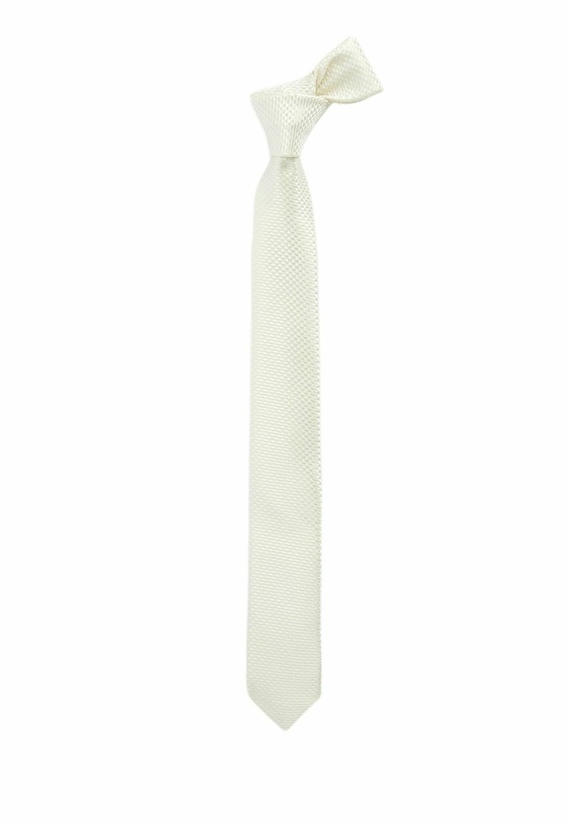 Cravate blanche texturée avec un motif tissé, présentant un design classique et un nœud auto-lié en haut.