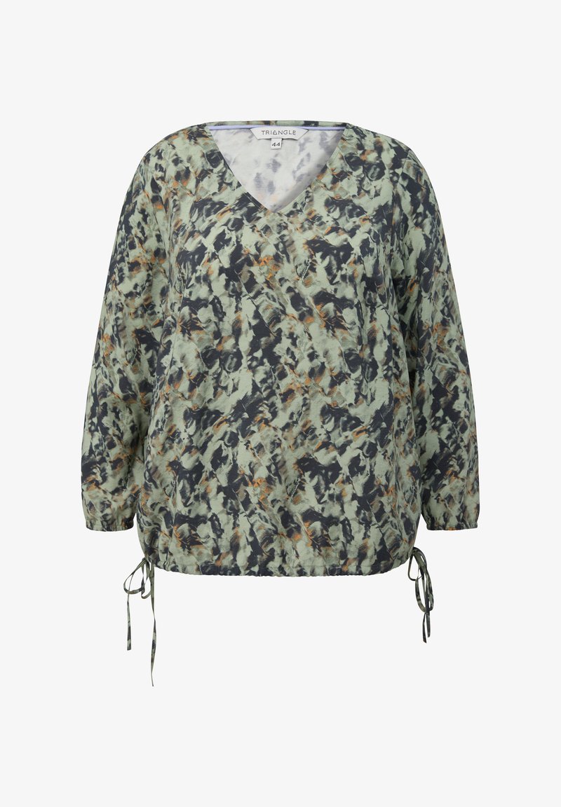 Bluza z dolgimi rokavi v oblikovanju V-izreza, v zeleni, črni in oranžni abstraktni kar mini. Ima nastavljive stranične zaveze in mehko, teksturirano tkanino.