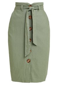 Jupe en lin vert au design ajusté, avec une ceinture à nouer à la taille et des boutons marron sur le devant. Texture lisse, longueur genoux.