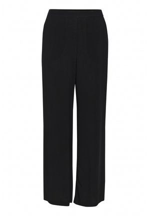 Schwarze, weite Hosen mit glatter Textur, einem hohen Bund und verdeckten Taschen auf jeder Seite. Minimalistisches Design.
