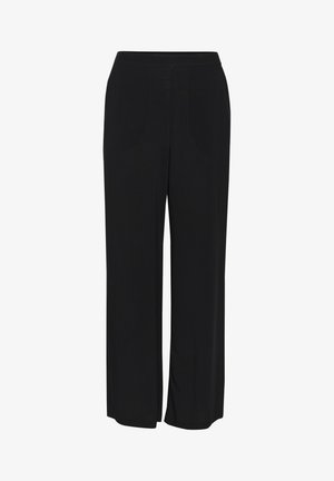 Črne široke hlače z gladko teksturo, z visokim pasom in skritimi žepi na vsaki strani. Minimalističen dizajn.
