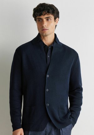 Giovane uomo con capelli ricci che indossa un cardigan blu scuro abbottonato sopra una polo blu, in piedi contro uno sfondo chiaro e uniforme.