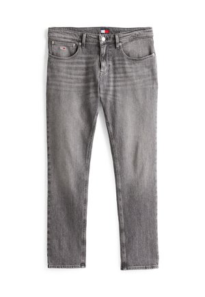 Gray denim jeans with a classic five-pocket design, straight leg cut, tonal stitching, and a small label on the back pocket.