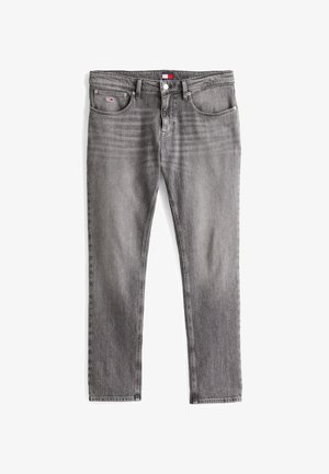 Szürke farmernadrág klasszikus öt zsebes kialakítással, egyenes lábszárral, tonális varrással és egy kis címkével a hátsó zseben.