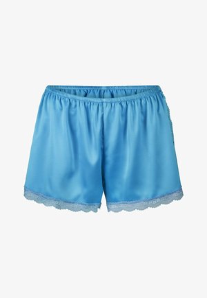 Shorts blu in satin con vita elasticizzata e pizzo lungo l'orlo. Il tessuto ha una consistenza liscia e una leggera lucentezza.