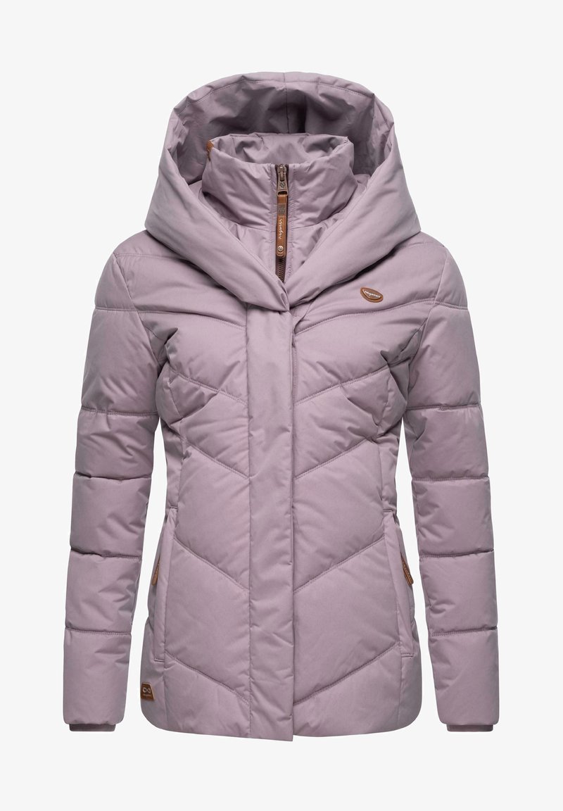 Light purple puffer jacket with a high collar, diagonal stitching, and side pockets. Features a brown logo accent near the hem.