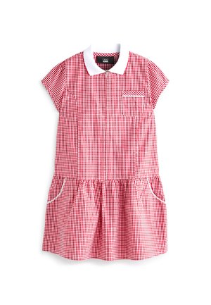 Kleid aus rot-weißer Karomuster mit strukturiertem Kragen, kurzen Ärmeln, Taschen und einem gerafften Rock. Aus Baumwolle, lässiges Design.