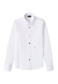Biała koszula z długim rękawem, zapinana na guziki, z jasnoniebieskim kołnierzykiem i mankietami. Wyróżniające się guziki w odcieniach niebieskiego i beżowego. Miękka tekstura materiału.
