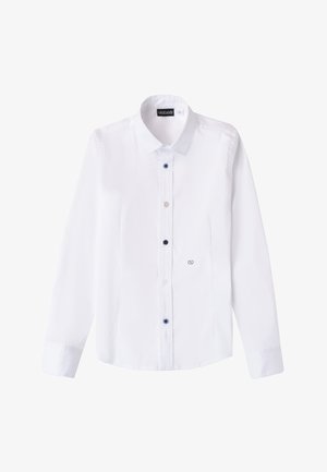 Witte blouse met lange mouwen en knoopsluiting aan de voorkant, met een lichtblauwe kraag en manchetten. Opvallende knopen in blauw en beige. Zachte stoftextuur.