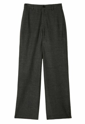 Graue weit geschnittene Hose aus strukturiertem Stoff, mit Knopfverschluss an der Taille und zwei Seitentaschen. Taillierter Schnitt, volle Länge.