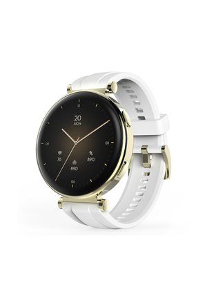 Round gold smartwatch with white strap showing time, date, heart rate, calories burned, and step count on black screen.