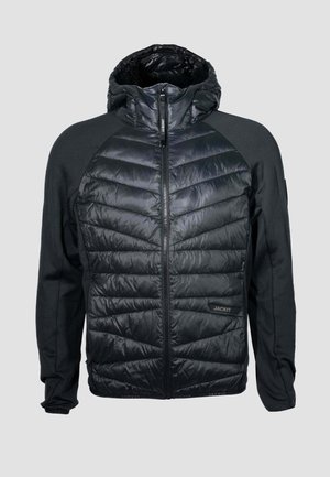Black quilted jacket with hood, full front zipper, and soft fabric sleeves, designed for warmth and comfort.