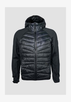 Veste matelassée noire avec capuche, fermeture éclair frontale intégrale et manches en tissu doux, conçue pour la chaleur et le confort.